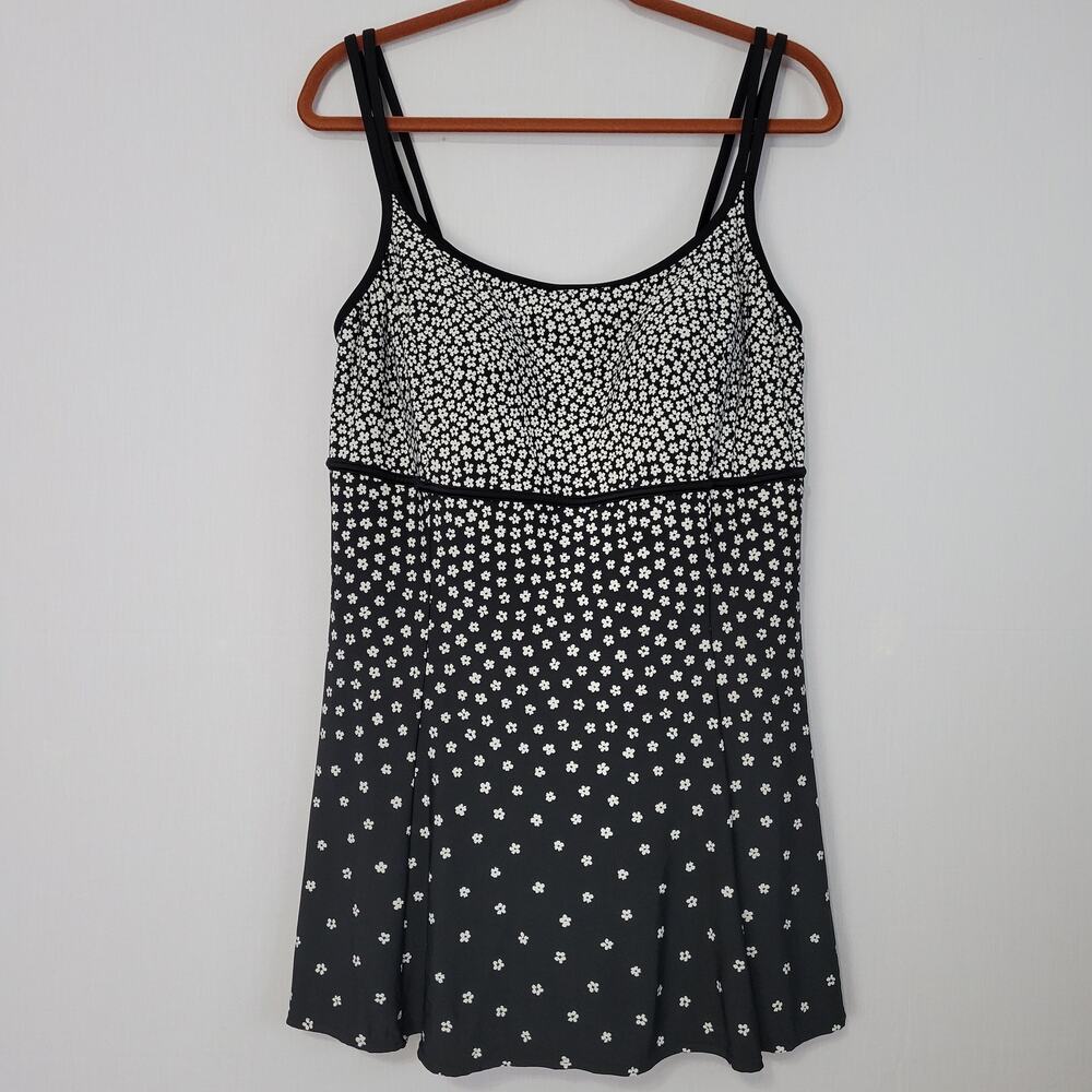 Le Cove Double Strap One Piece Swimsuit Dress size 18 Black White Floral New